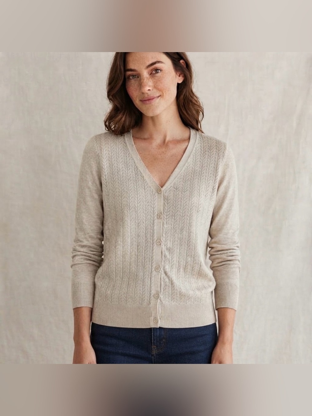 Iyla Neutral Beige V Neck Button Down Knit Cardigan Three Quarter Sleeve Size XL